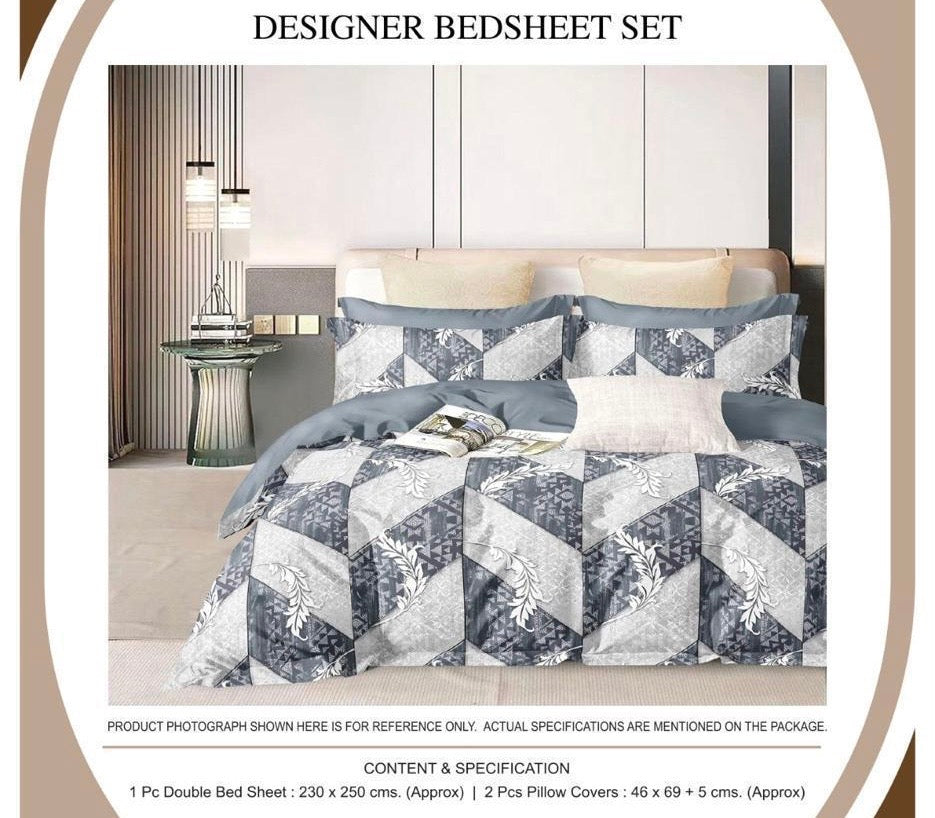 Chevron-Inspired Designer Bedsheet Set – Monochrome Geometric Elegance | 1 Bedsheet + 2 Pillow Covers