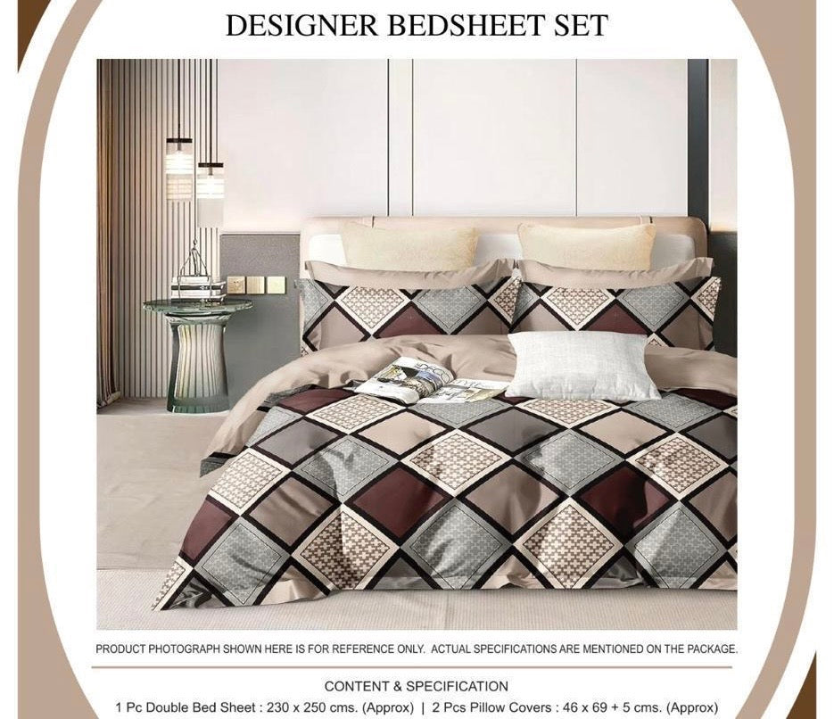 Contemporary Beige & Brown Geometric Print Double Bedsheet Set – 1 Bedsheet & 2 Pillow Covers