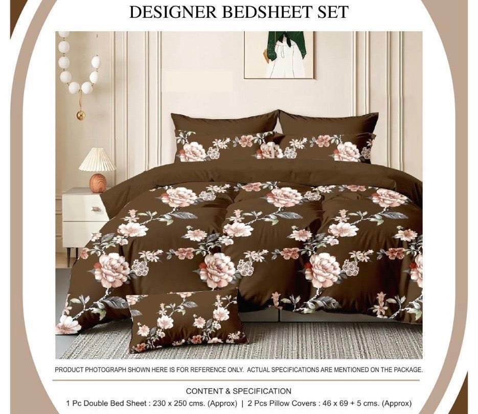 Floral Charm Designer Double Bedsheet Set – Chocolate Brown & Blush Pink | 1 Bedsheet + 2 Pillow Covers