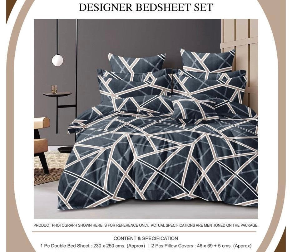 Modern Geometric Designer Double Bedsheet Set – Navy Blue & Beige | 1 Bedsheet + 2 Pillow Covers