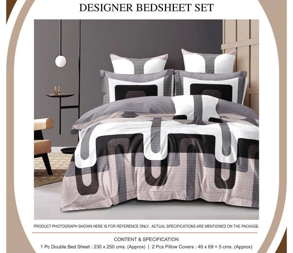 Modern Abstract Grey & Black Designer Double Bedsheet Set – 1 Bedsheet & 2 Pillow Covers