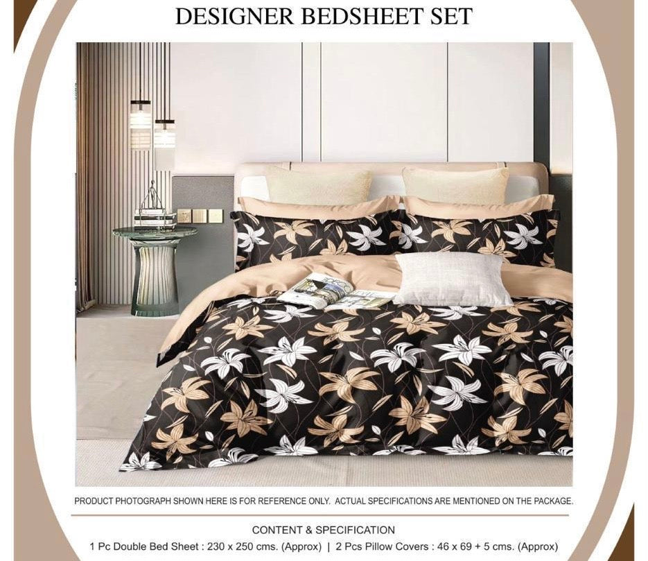 Black Floral Bedsheet Set with Beige & White Lily Print – Double Bed (1 Bedsheet + 2 Pillow Covers)