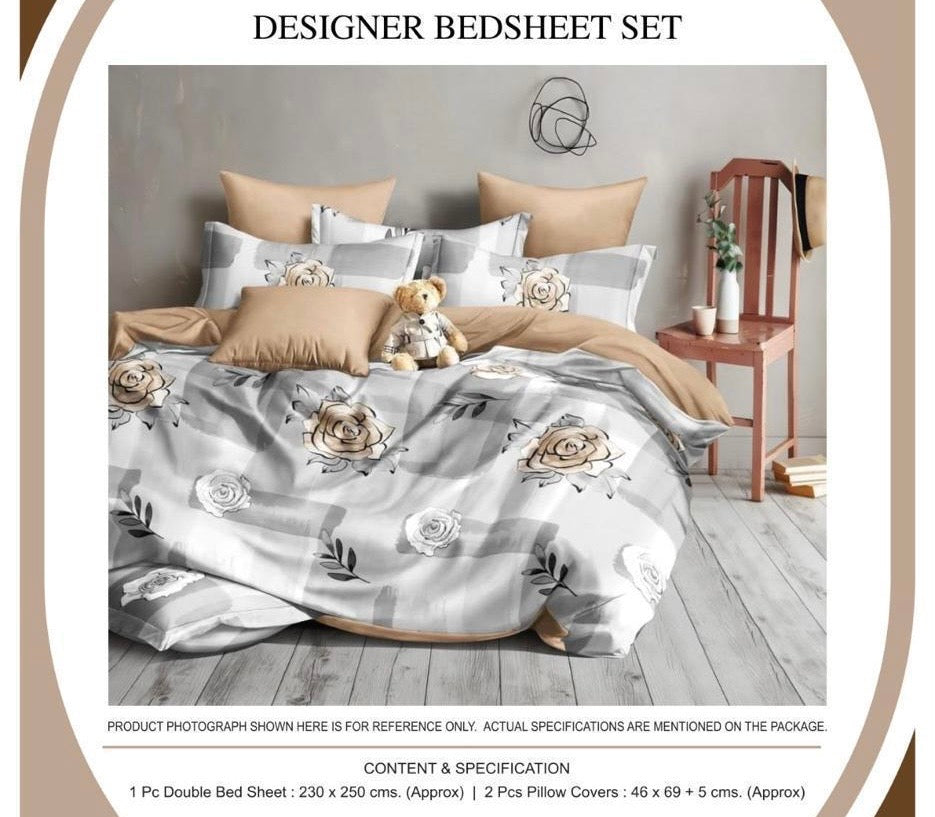 Elegant Rose Checks Designer Bedsheet Set | 1 Double Bedsheet + 2 Pillow Covers