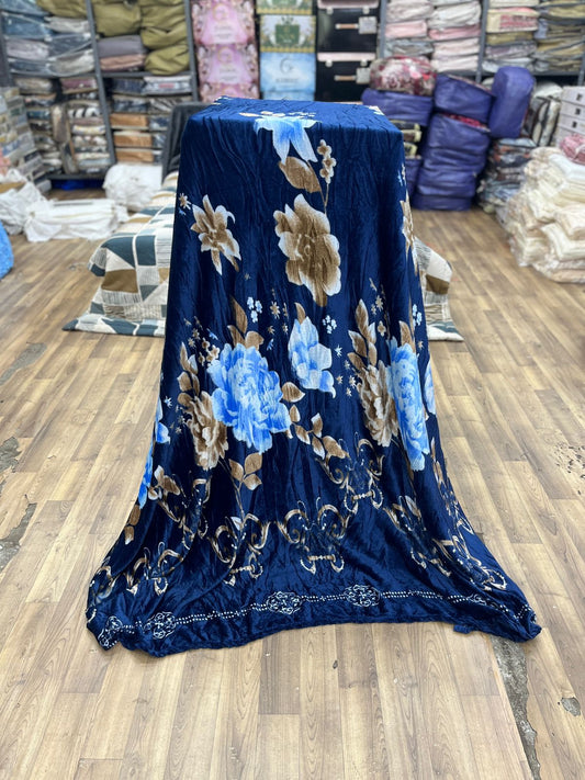 Midnight Royal Bloom Towel – Navy Blue with Sky Blue & Mocha Floral Design