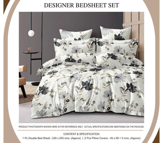 Luxury Floral Designer Bedsheet Set – Off-White Base with Monochrome Blossoms | 1 Bedsheet + 2 Pillow Covers