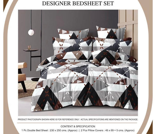Geometric Patchwork Designer Double Bedsheet Set – White, Black & Brown | 1 Bedsheet + 2 Pillow Covers