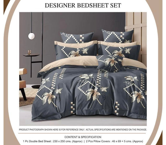 Elegant Floral & Grid Designer Double Bedsheet Set – Charcoal Grey & Beige | 1 Bedsheet + 2 Pillow Covers