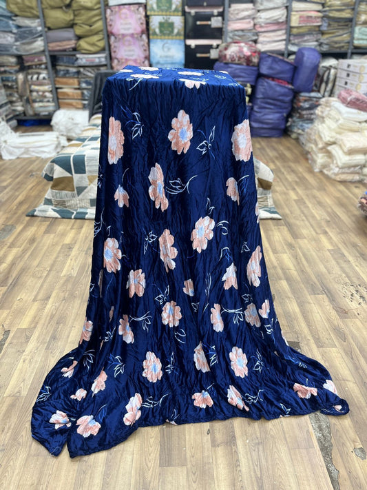 Midnight Blossom Crushed Velvet Towel – Navy with Peach Petals