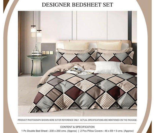 Contemporary Beige & Brown Geometric Print Double Bedsheet Set – 1 Bedsheet & 2 Pillow Covers