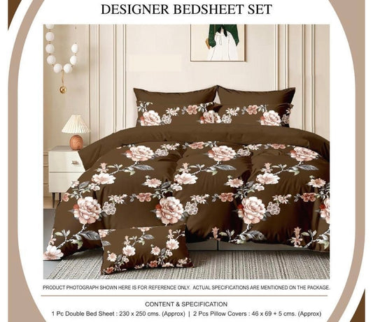 Floral Charm Designer Double Bedsheet Set – Chocolate Brown & Blush Pink | 1 Bedsheet + 2 Pillow Covers