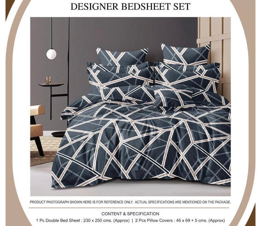 Modern Geometric Designer Double Bedsheet Set – Navy Blue & Beige | 1 Bedsheet + 2 Pillow Covers