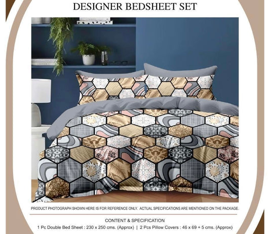 Contemporary Hexagon Patch Designer Bedsheet Set – Multicolor Geometric Pattern | 1 Bedsheet + 2 Pillow Covers