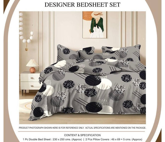Modern Grey & Black Circle Print Designer Double Bedsheet Set – 1 Bedsheet & 2 Pillow Covers