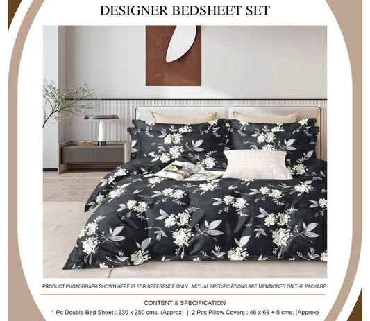 Black & White Floral Print Designer Double Bedsheet Set – 1 Bedsheet & 2 Pillow Covers