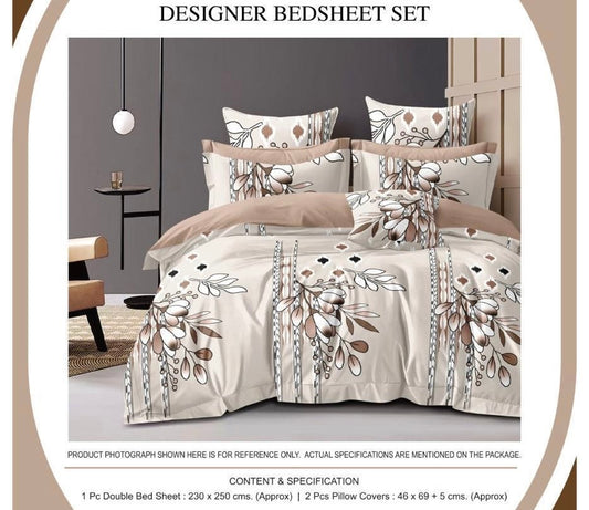 Elegant Botanical Designer Bedsheet Set – Cream Beige with Earthy Floral Accents | 1 Bedsheet + 2 Pillow Covers