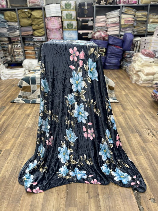 Moonlit Garden Velvet Towel – Black with Sky Blue & Pink Floral Design
