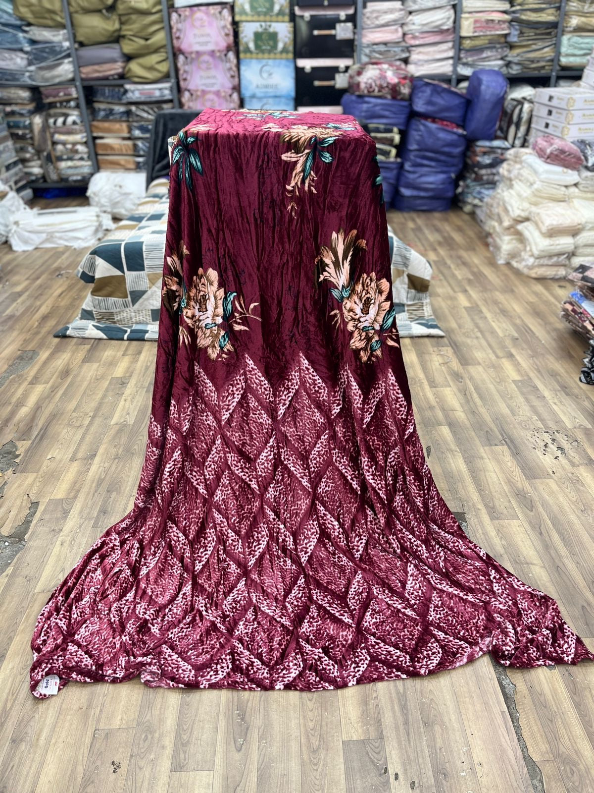 Royal Bloom Velvet Towel – Maroon Majesty with Floral Accents